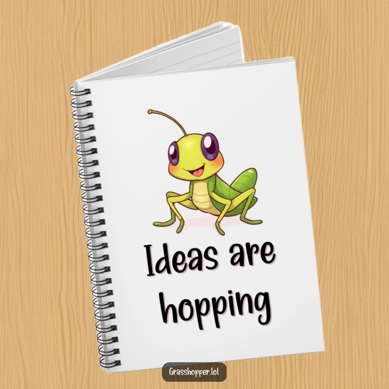 Funny grasshopper notebook with a cheerful, smiling insect inviting creativity. Perfect for students, writers, and anyone loving funny stationery gifts.