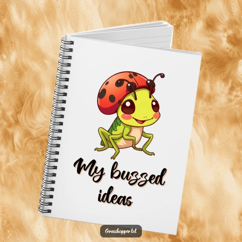 Funny grasshopper wearing a ladybug as a hat on a notebook cover, cute and inspiring stationery gift.