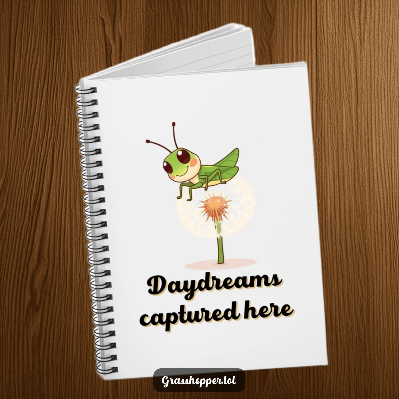 Funny grasshopper notebook with a playful insect bouncing on a dandelion puff, perfect for notes and fun ideas.