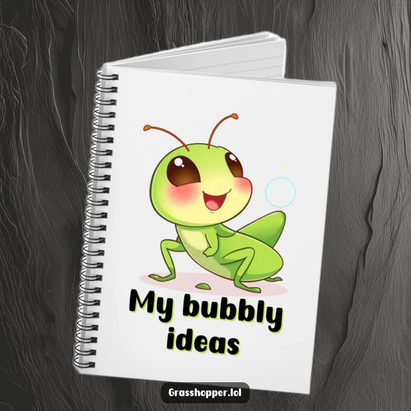 Funny grasshopper notebook with a cute, giggling insect blowing a small bubble, perfect for jotting down funny thoughts and ideas.