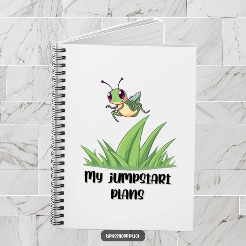Funny Grasshopper Notebook showcasing a happy grasshopper in mid-leap over a blade of grass, ideal for jotting down thoughts.