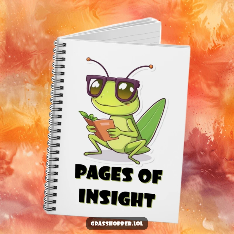 Funny grasshopper wearing tiny spectacles reads a small leaf, featured on the cover of an intellectual notebook.