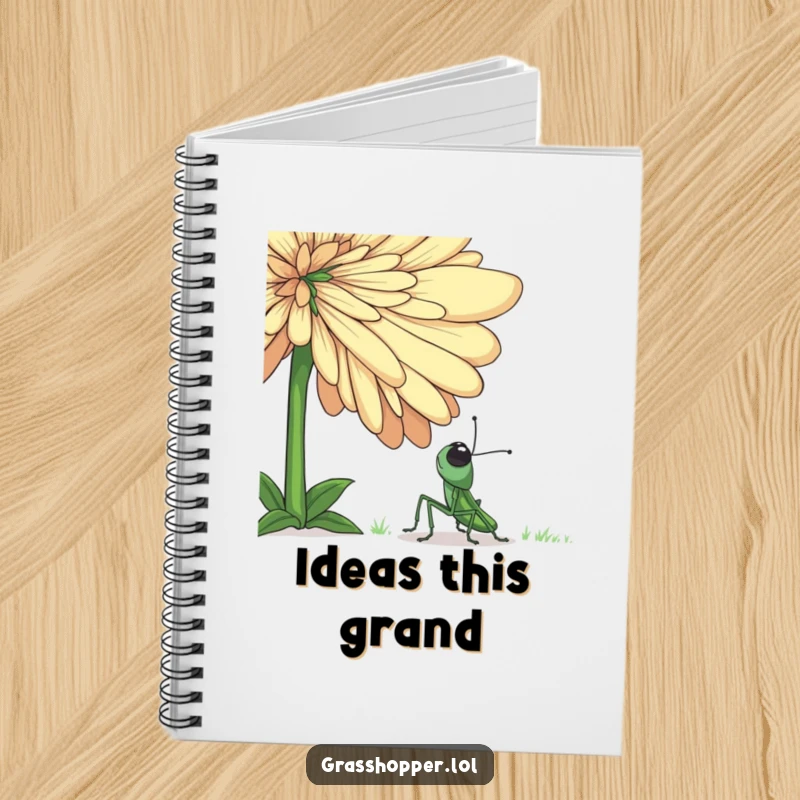 Funny grasshopper notebook featuring an insect looking up at a huge flower, designed to inspire creativity and capture moments of wonder.