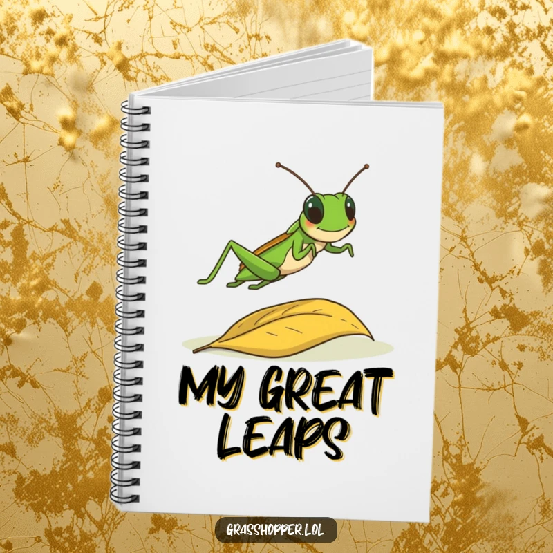 Funny grasshopper leaping over a fallen leaf on a notebook cover, inspiring action and creativity gift.
