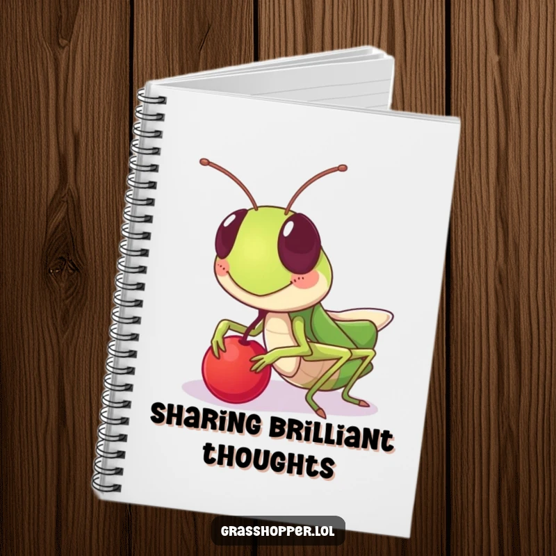 Funny grasshopper notebook, with a friendly grin sharing a berry, perfect for notes and journaling, a funny gift.