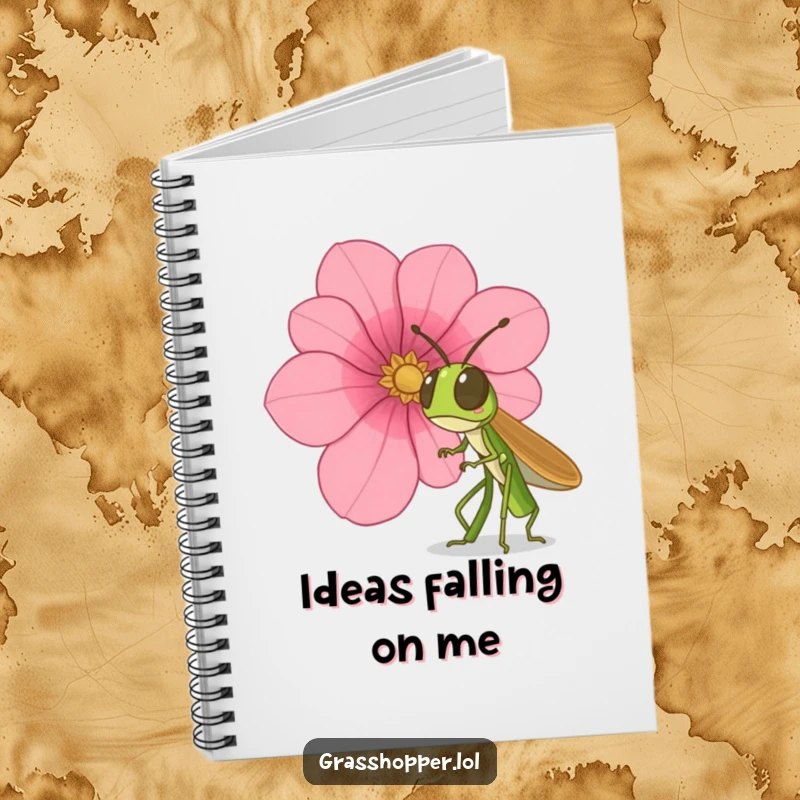 Funny grasshopper notebook, depicting surprise at a falling petal, perfect for journaling or notes, a funny gift.