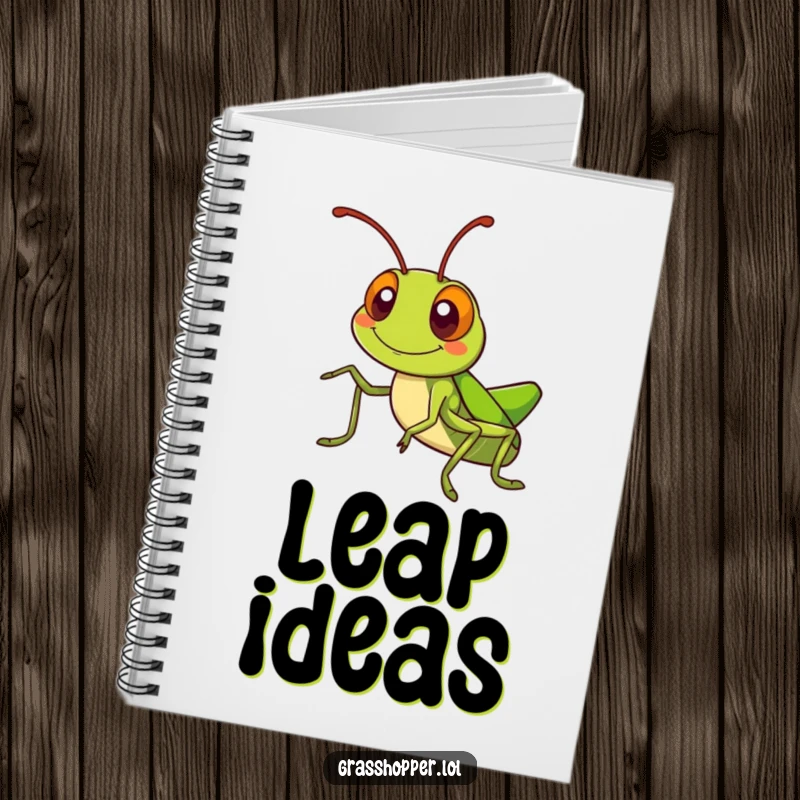 Kawaii grasshopper notebook with a silly smiling grasshopper waving its antennae, perfect for writing and creativity.
