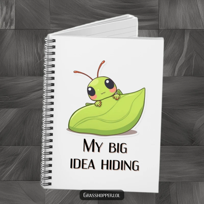 Funny kawaii grasshopper peeking from behind a large leaf, a cute and inspiring notebook for all your writing needs.