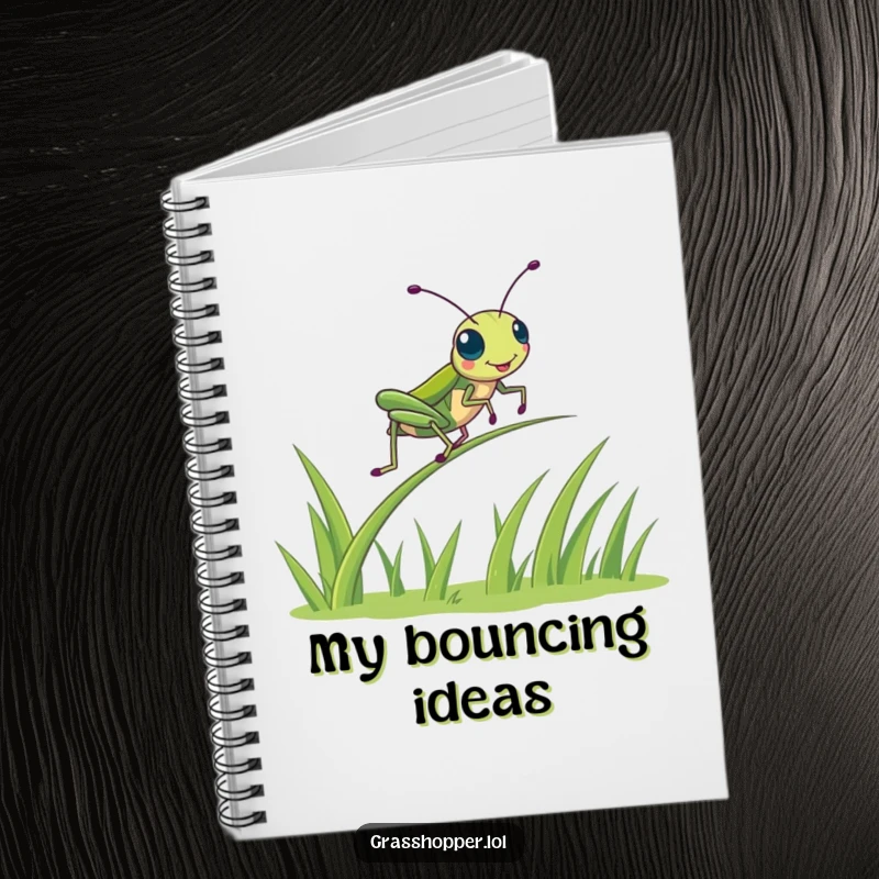 Funny kawaii grasshopper bouncing excitedly on a notebook cover, inspiring creativity, cute stationery gift.