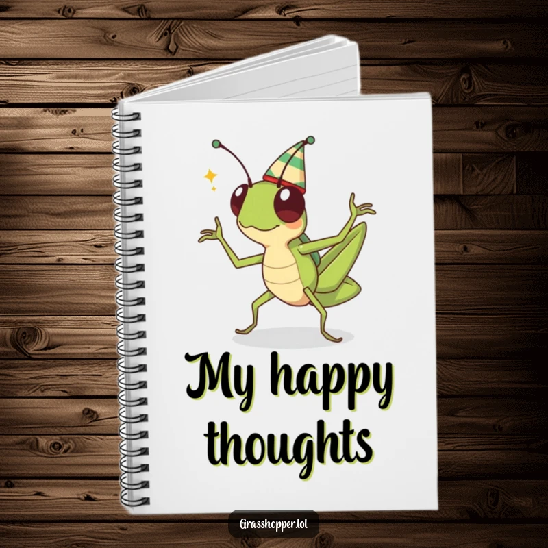 Funny kawaii grasshopper in a hat, performing a lively dance, featured on a notebook cover for jotting down happy thoughts.