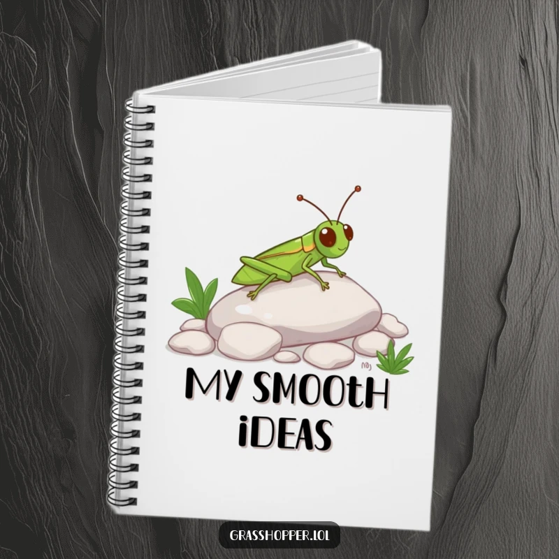Funny Grasshopper Notebook with a happy insect sliding down a pebble, ideal for journaling and note-taking.
