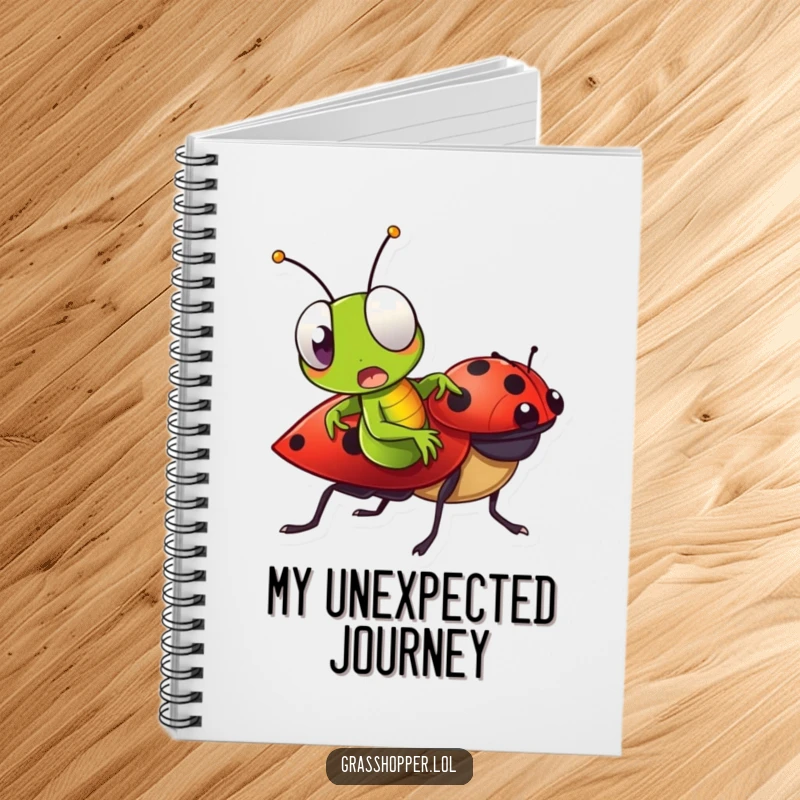 Funny Grasshopper Notebook with a surprised grasshopper riding a ladybug, ideal for writing.