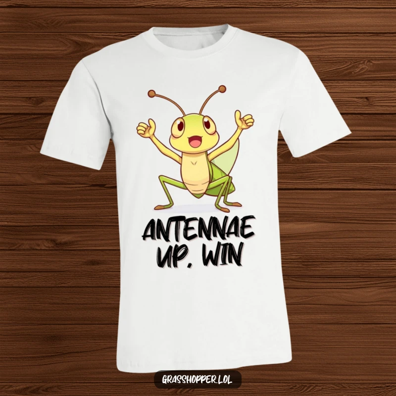 Funny T-Shirt depicting a jubilant grasshopper holding antennae high in a triumphant cheer, embodying success and happiness.