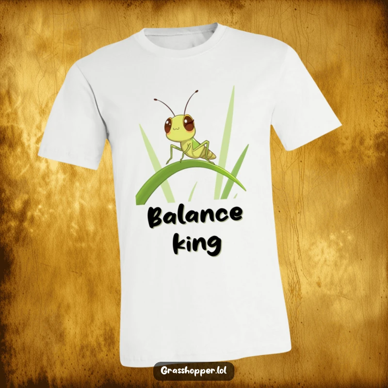 Funny Winking Grasshopper T-Shirt: A grasshopper winking while balancing, showing off its funny, cool poise.