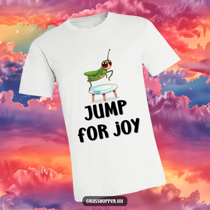 Funny T-Shirt depicting a lively grasshopper mid-bounce on a sparkling dewdrop, showcasing pure exhilaration and fun.
