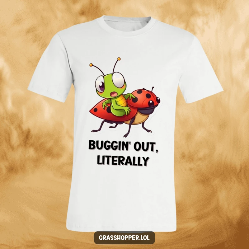 Funny Grasshopper T-Shirt showing a grasshopper looking surprised while riding on the back of a ladybug.