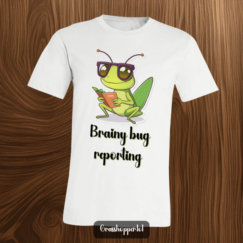 A grasshopper wearing small spectacles reads a tiny leaf on this funny t-shirt, celebrating intellect.