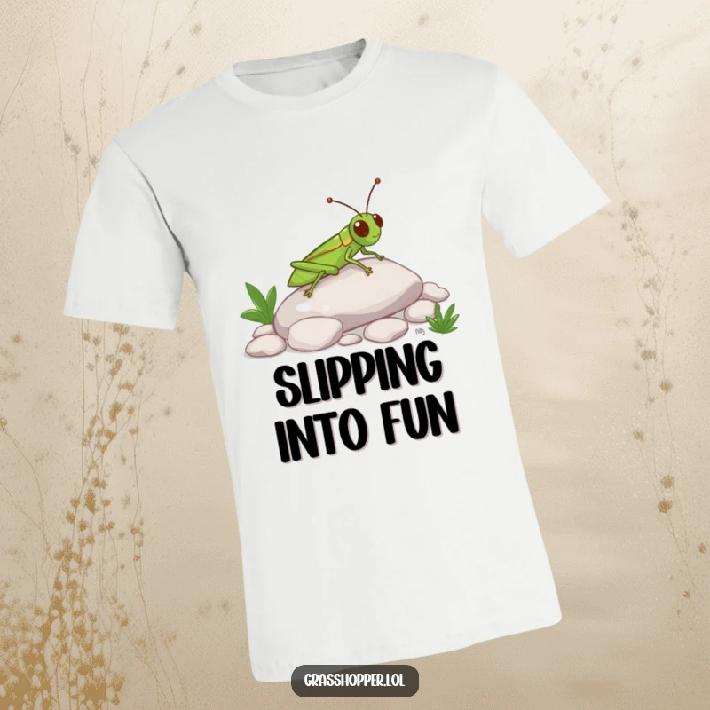Funny Grasshopper T-Shirt depicting a happy insect sliding down a pebble, great for casual wear and spreading positivity.