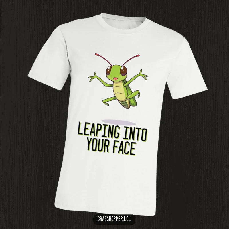 Funny grasshopper t-shirt showing a grasshopper in a dramatic, outstretched leg jump, conveying energy and humor.