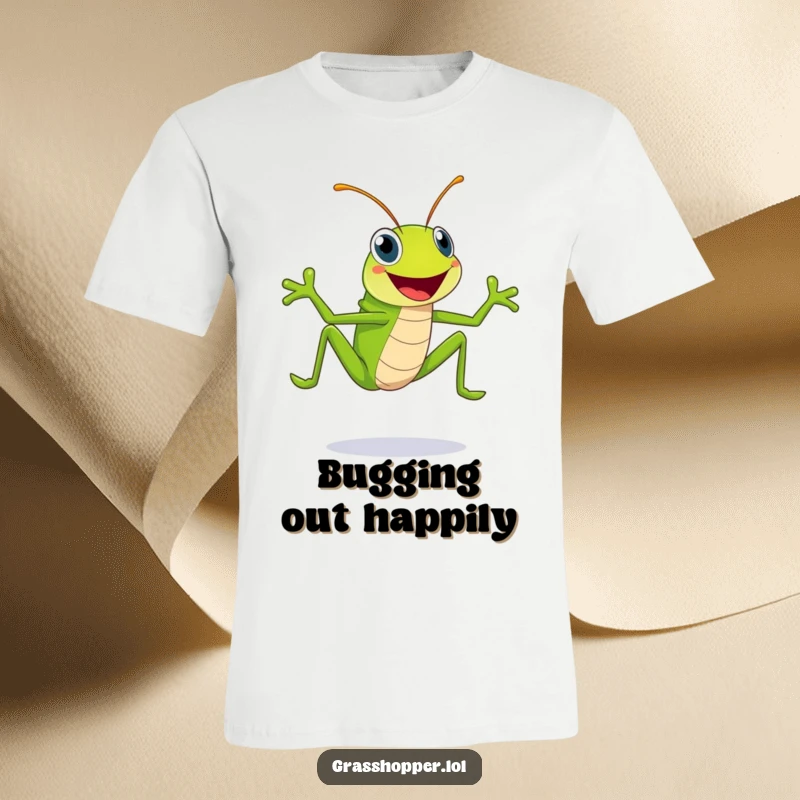 Funny, bright green grasshopper with an enormous smile is captured mid-leap, radiating pure happiness on this fun t-shirt.