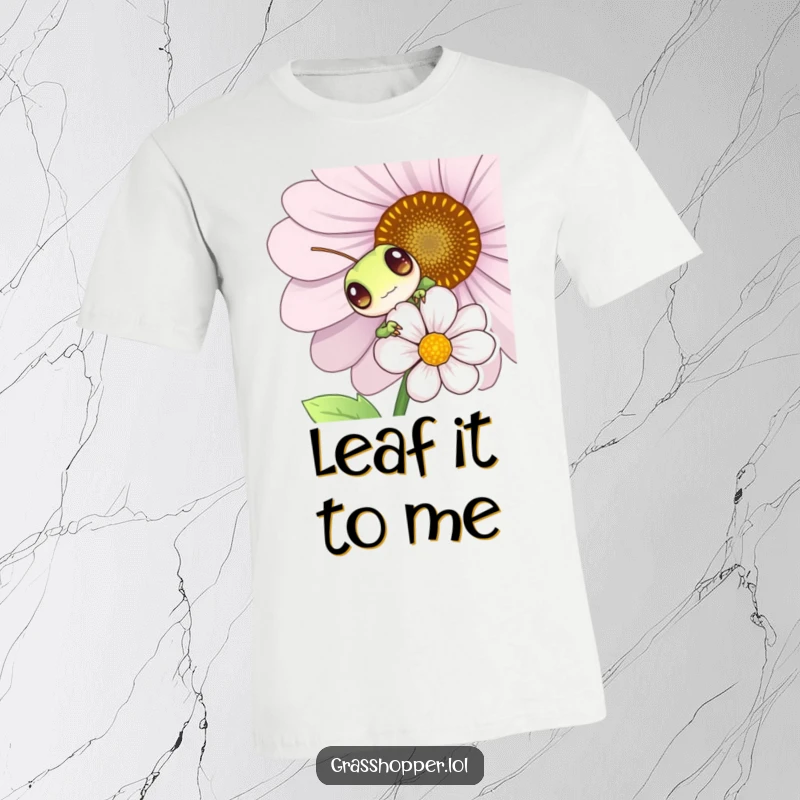 Funny grasshopper with playful eyes peeking from behind a flower, unisex t-shirt, whimsical nature graphic apparel.
