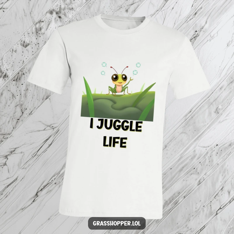 Funny grasshopper with large, surprised eyes trying to juggle tiny dewdrops, a humorous depiction of effort, t-shirt gift.