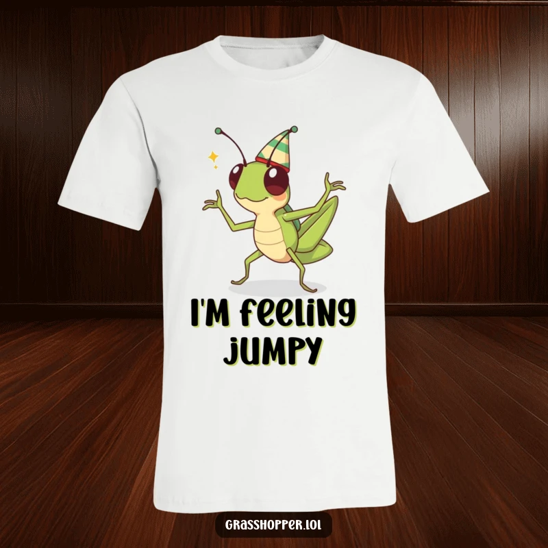 Funny kawaii grasshopper in a tiny hat, performing an energetic celebratory dance, depicted on a cheerful t-shirt.