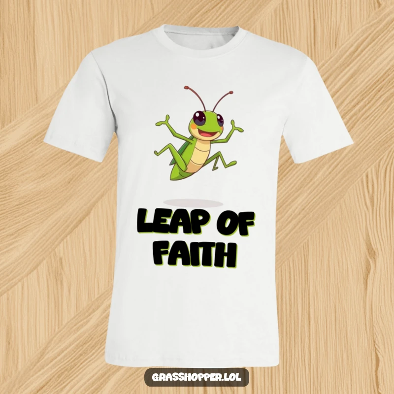 Funny Kawaii Grasshopper T-Shirt: An energetic insect captured mid-air, showcasing a funny, enthusiastic leap for pure fun.