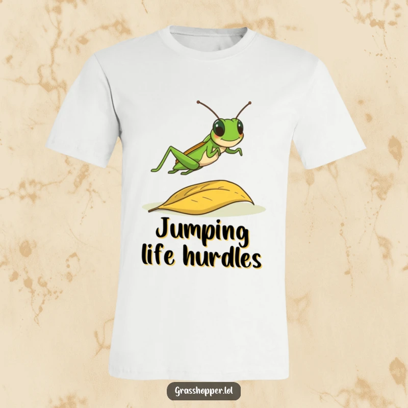 Funny grasshopper captured in a joyful leap over a vibrant fallen leaf, action shot, t-shirt gift.