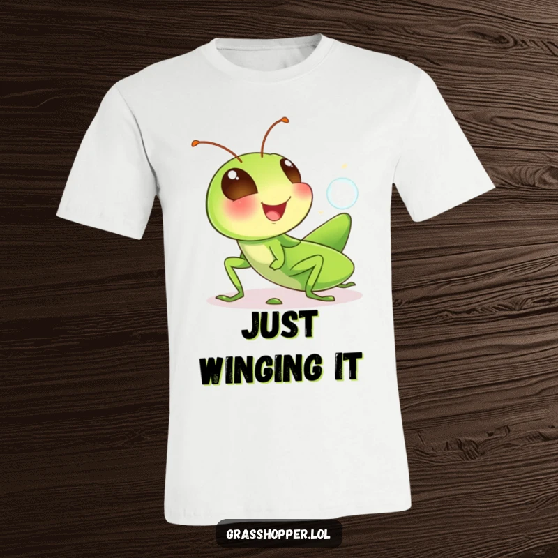 Funny grasshopper t-shirt with a cute, giggling insect artistically blowing a tiny bubble, perfect for casual, humorous wear.
