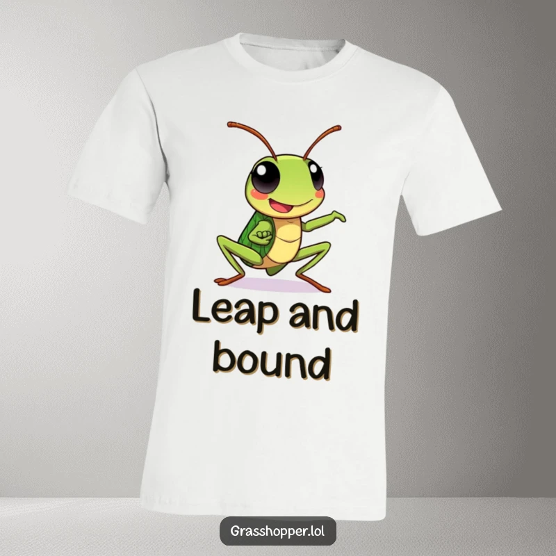 Kawaii grasshopper t-shirt featuring a happy grasshopper in a dynamic action pose, exuding energy and fun.