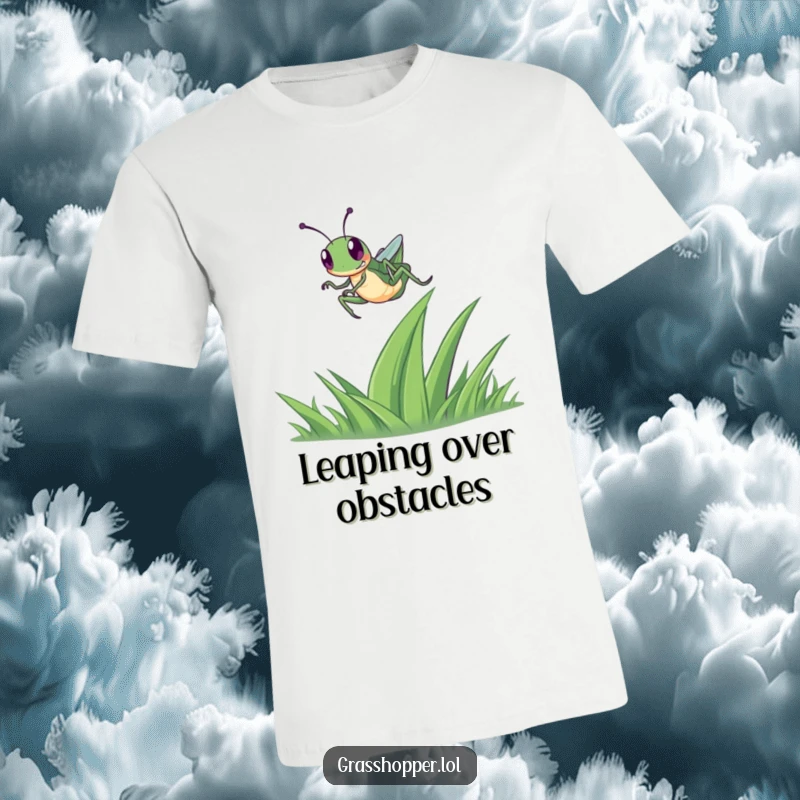 Funny Grasshopper T-Shirt featuring a happy grasshopper in a high leap over a single blade of grass, conveying energy and fun.