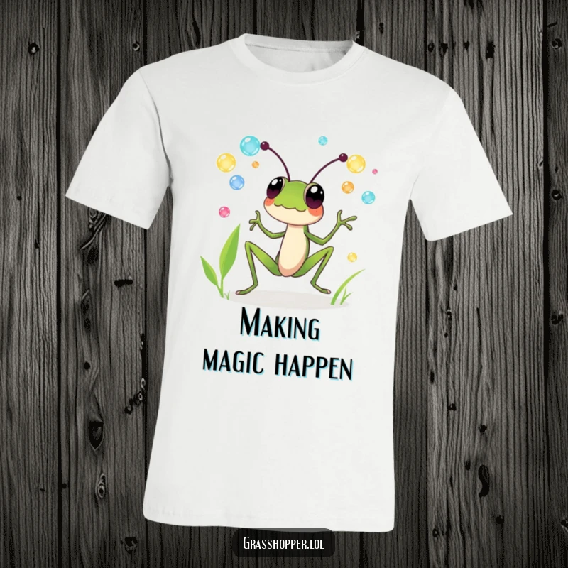 Funny t-shirt showing a grasshopper delightedly juggling colorful dewdrops, perfect for expressing joy and as a funny gift.