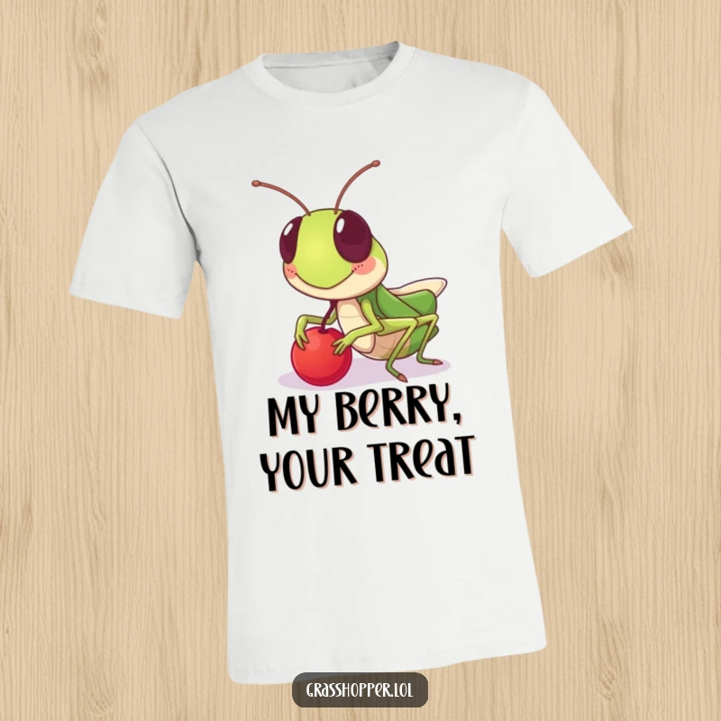 Funny grasshopper t-shirt, with a friendly smile, offering a tiny berry, perfect for spreading kindness, a funny gift.