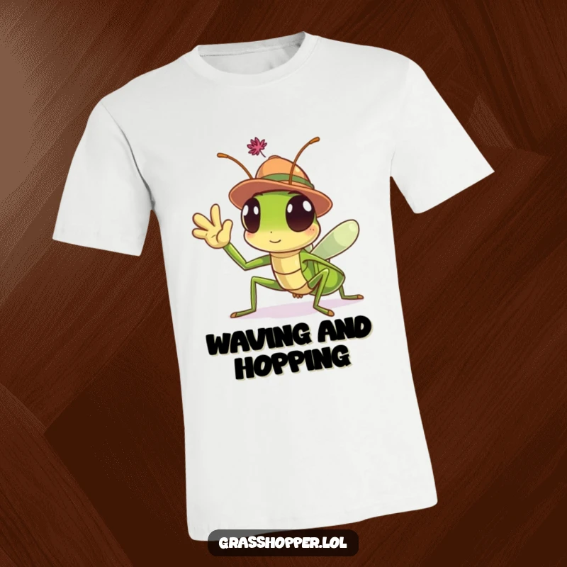 Funny Grasshopper T-Shirt showing a friendly insect in a hat waving, ideal for casual wear and spreading good vibes.
