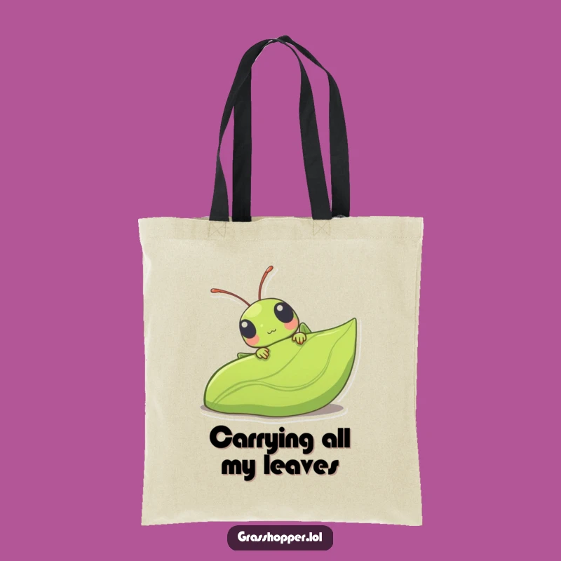 Funny Kawaii Grasshopper Tote Bag - Cute Leaf Peeking Eco Bag