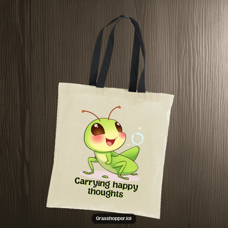 Funny grasshopper tote bag showcasing a giggling insect blowing a small bubble, ideal for stylish and humorous everyday use.