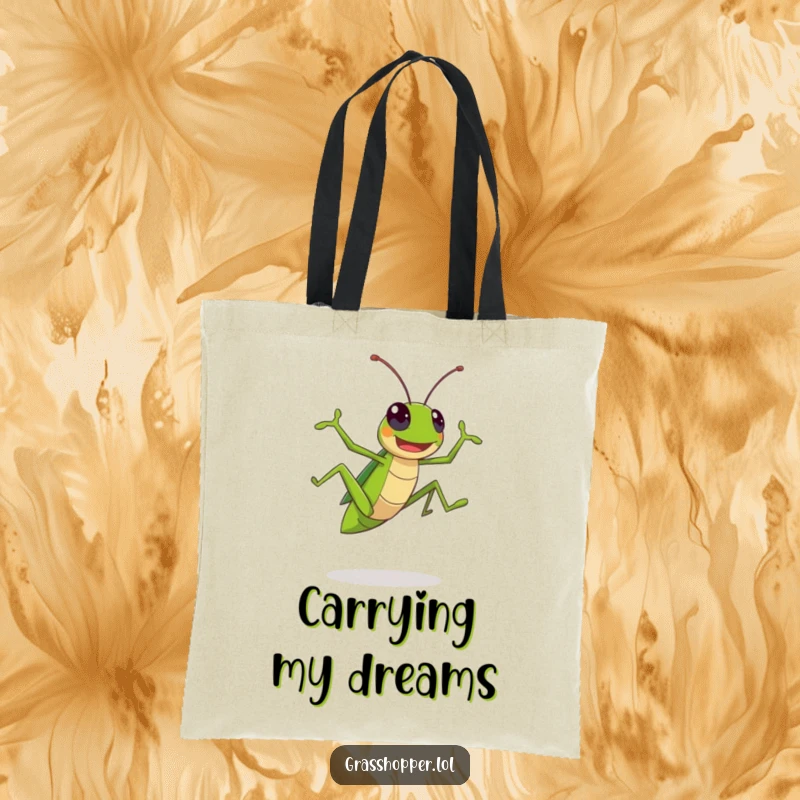 Funny Kawaii Grasshopper Tote Bag: A cheerful insect in mid-leap, perfect for carrying your stuff with funny enthusiasm.