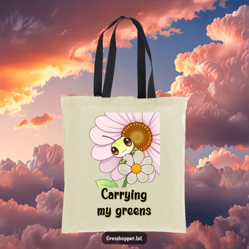 Funny grasshopper peeking from behind a flower, durable tote bag, cute insect graphic, practical and humorous accessory.