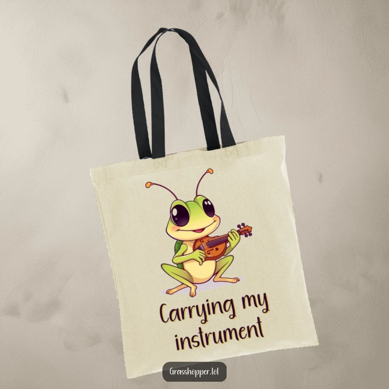 Funny tote bag showing a grasshopper with a cheerful grin playing a tiny violin, perfect for carrying essentials with musical humor.