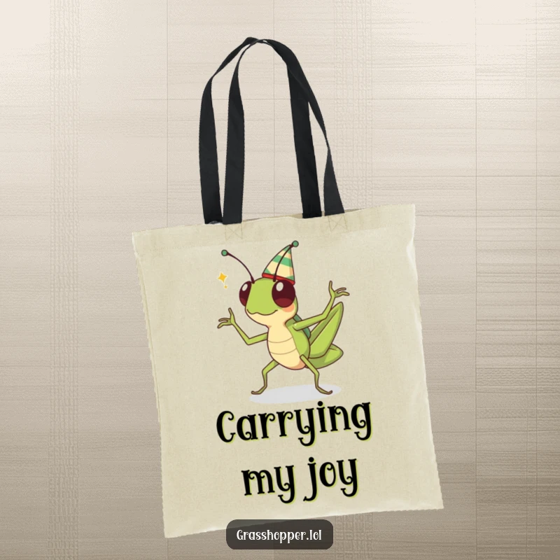 Funny kawaii grasshopper in a hat, mid-celebratory dance, depicted on a tote bag for carrying party supplies.