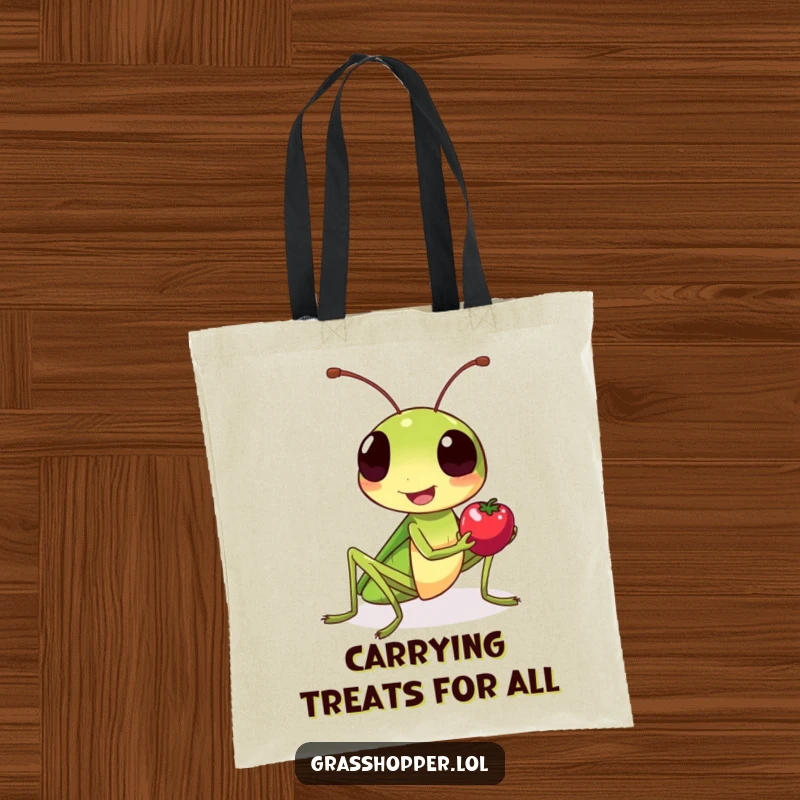 Funny grasshopper tote bag, smiling warmly, offering a tiny berry as a symbol of friendship and sharing.