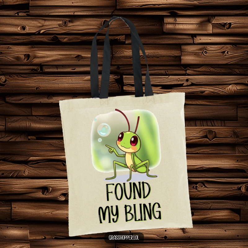 Funny grasshopper tote bag, pointing excitedly at a sparkling dewdrop, great for carrying treasures, a funny gift.