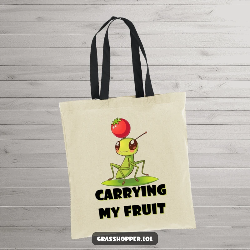 Funny Grasshopper Tote Bag with a grasshopper balancing a red berry on its head, great for shopping.