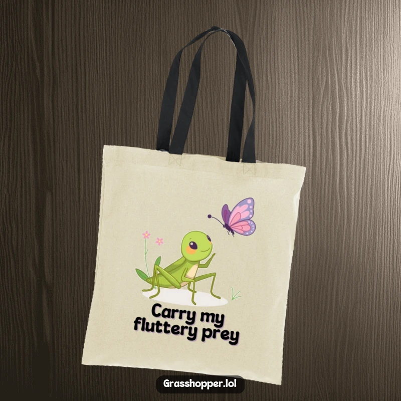 Funny tote bag with a grasshopper playfully bopping a butterfly, a delightful and humorous accessory for everyday use.