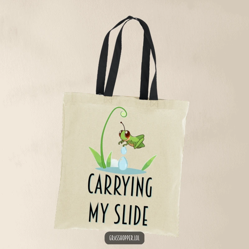 Funny grasshopper sliding down a dewdrop, printed on a tote bag, a cheerful and humorous accessory for daily use.
