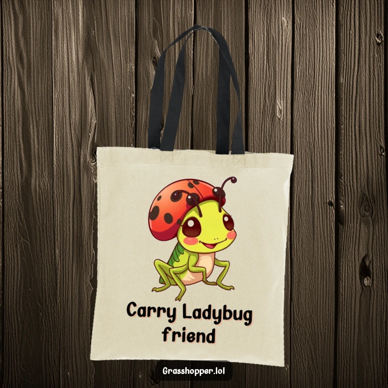 Funny grasshopper wearing a ladybug as a hat on a tote bag, cute and functional accessory, bug lover gift.