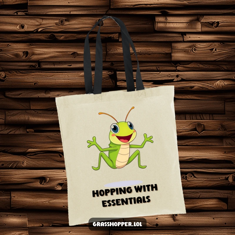 Funny bright green grasshopper with a giant smile is depicted mid-leap on this durable and humorous tote bag.