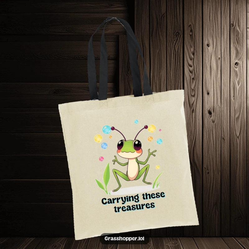 Funny tote bag showing a grasshopper joyfully juggling colorful dewdrops, perfect for carrying essentials with whimsical humor.