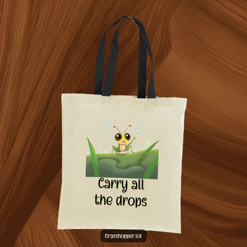 Funny grasshopper with wide, anxious eyes juggling shimmering dewdrops on a practical tote bag, humorous accessory gift.